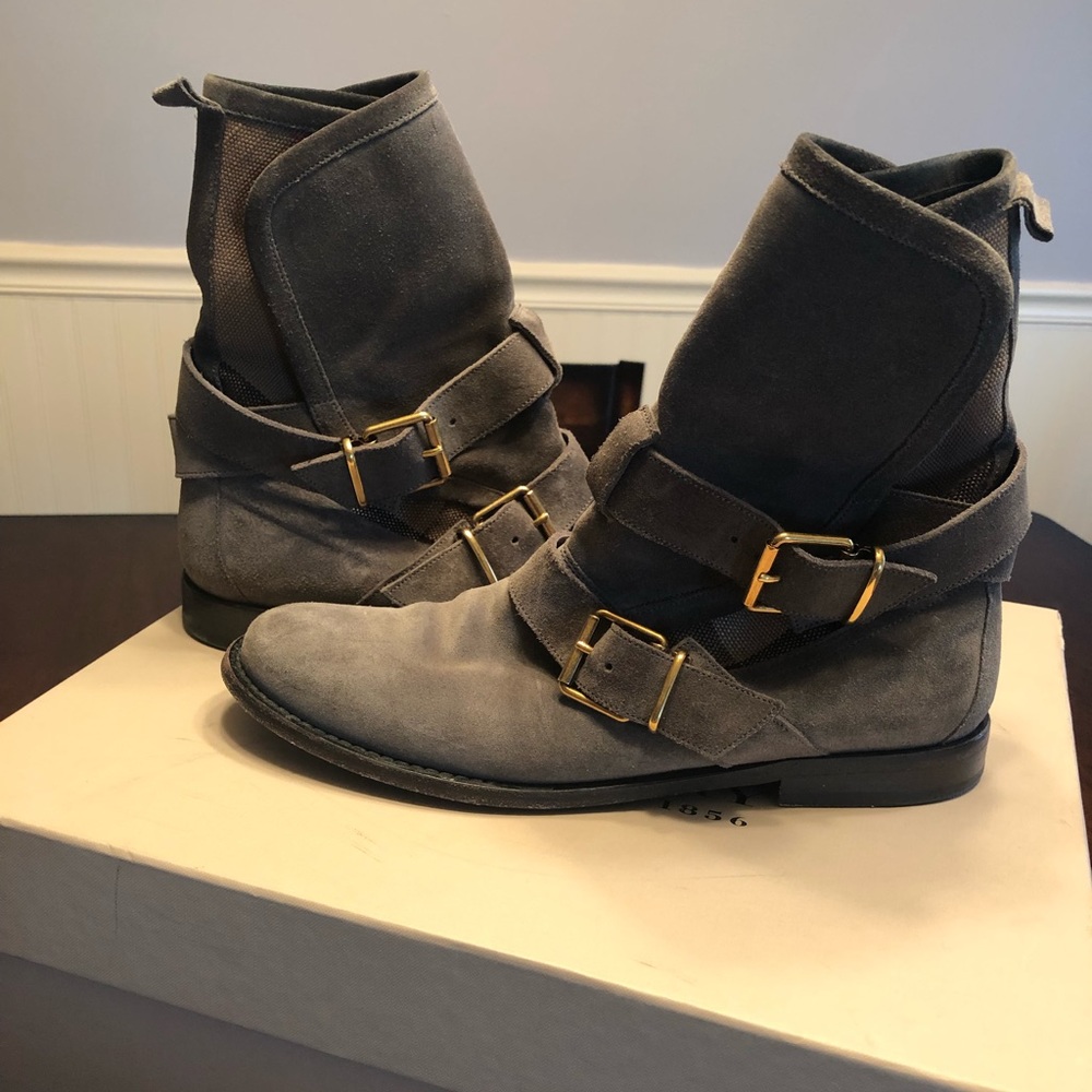 Burberry House Check Pattern Suede Moto Boots